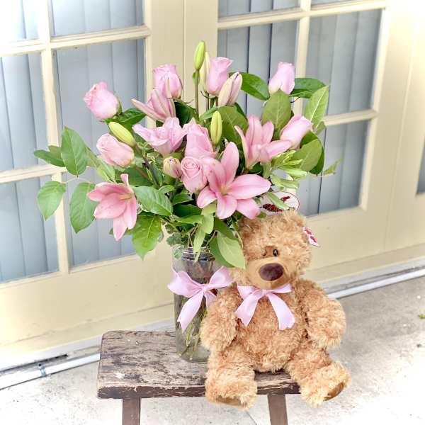 Pink Roses & Lily with Teddy Bear Bouquet
