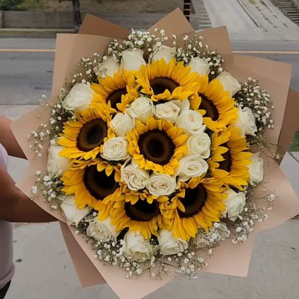Sunflower & White Rose Harmony Bouquet