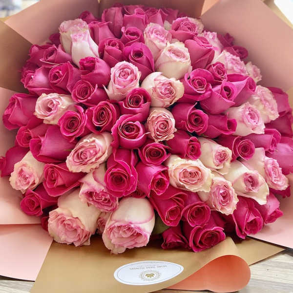 100 Roses Round EuroBouquet - Hot Pink/ Light Pink