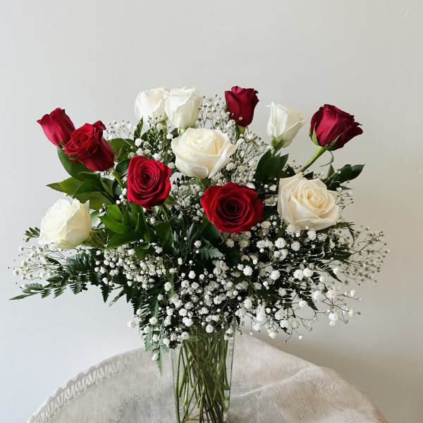 White and Red dozen in a vase