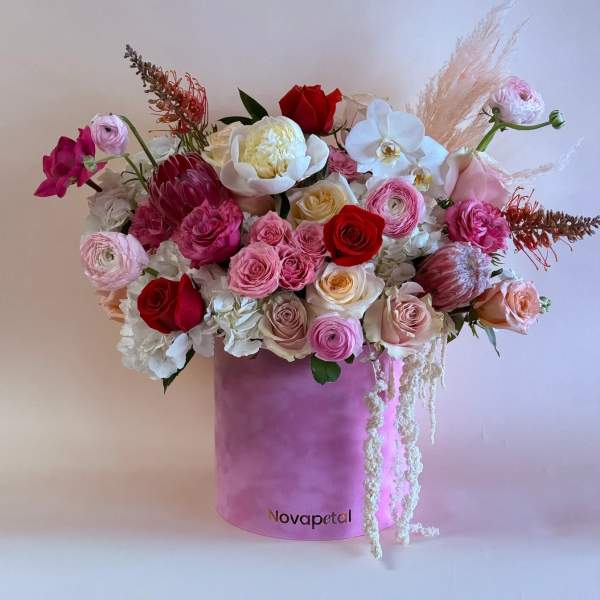 Blushing Romance Hat Box Arrangement