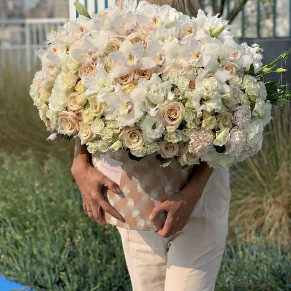 Box N.27 The gorgeous round box with hydrangea, roses, orchids and lilies