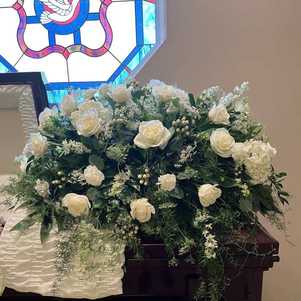 White rose casket spray