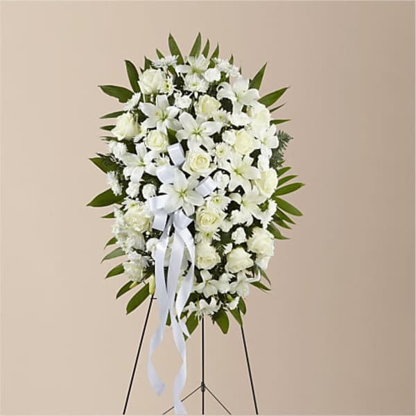 EXQUISITE TRIBUTE STANDING SPRAY-WHITE RIBBON