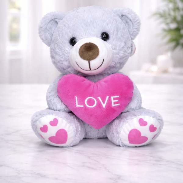 10” Gray “Love” Teddy Bear Plush – Romantic Valentine’s Gift Add-On