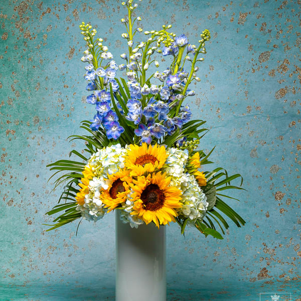 Spring Sunflowers and Delphinium