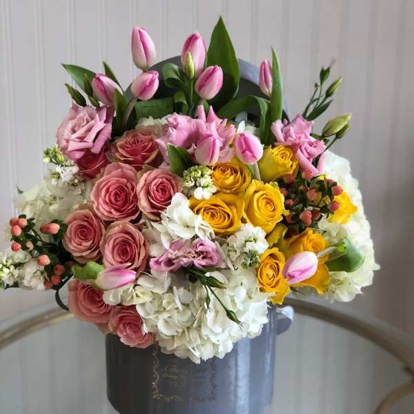 Bella - Hypericum Berries, Tulips, Licentious, Lush White Hydrangeas and more!