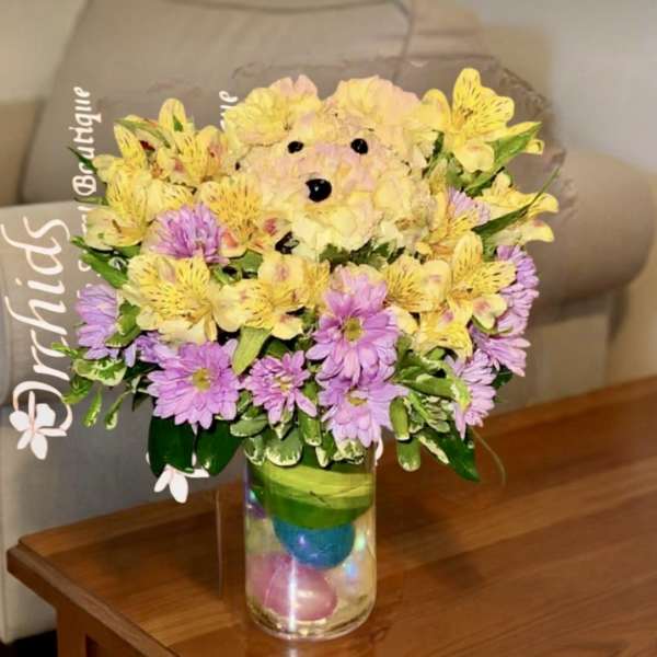 Alstromeria Daisy Egg-stra' Love Dog Arrangement