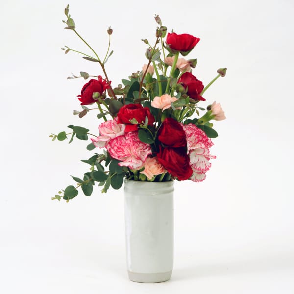 White Mason Jar Vase With Red and Pink Arrangement