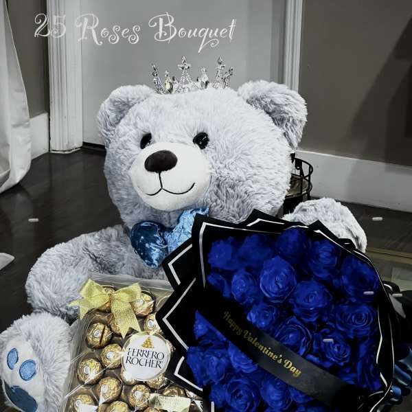 Blue Promise + Blue Roses + Teddy Bear + chocolates