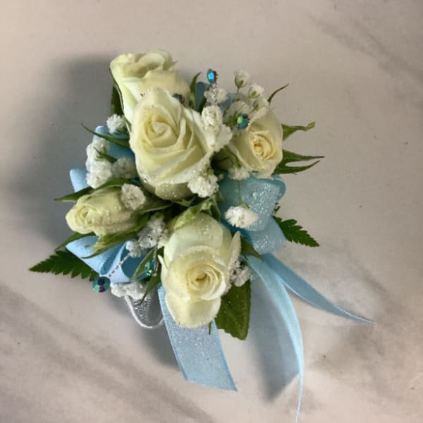 blue shimmer wrist corsage
