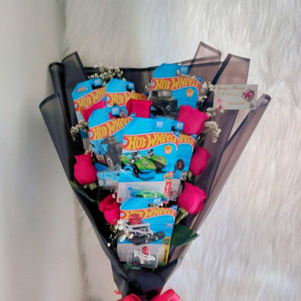 8 hot wheels and roses.