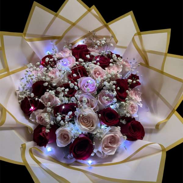 bouquet with red and pink roses