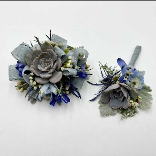 Shades of Blue Boutonniere And Wristlet Set