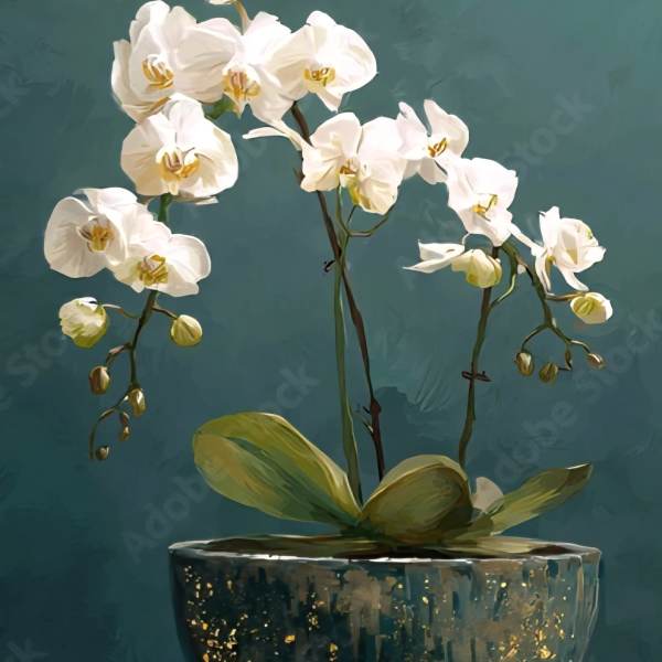 White Orchids in a Rustic Ceramic vase