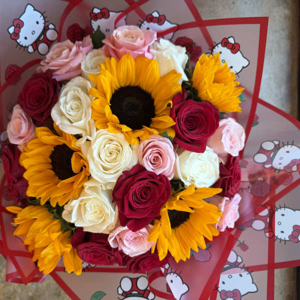 Hello Kitty Ramo Bouquet – Luxury Hand-Wrapped Rose & Sunflower Arrangement Rancho Cucamonga