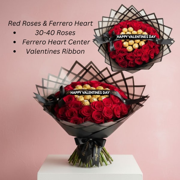 Red Roses & Ferrero Heart Bouquet – “Happy Valentines Day”