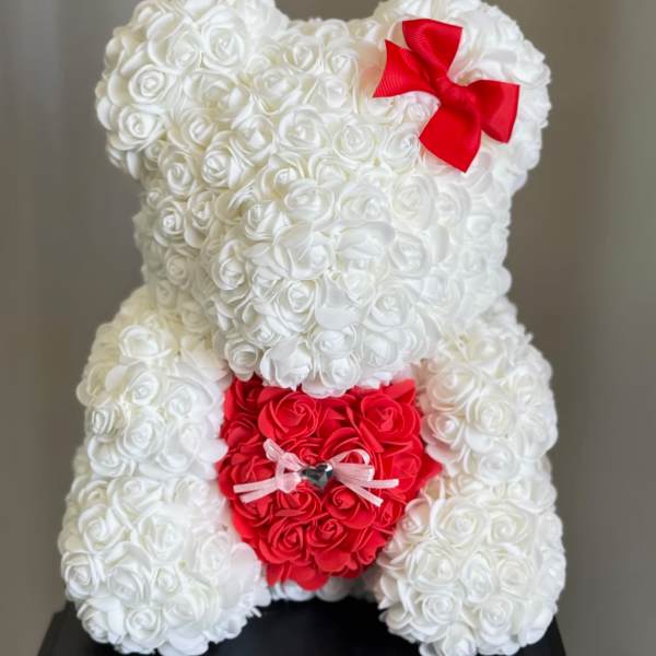 Faux White Rose Teddy Bear with Heart