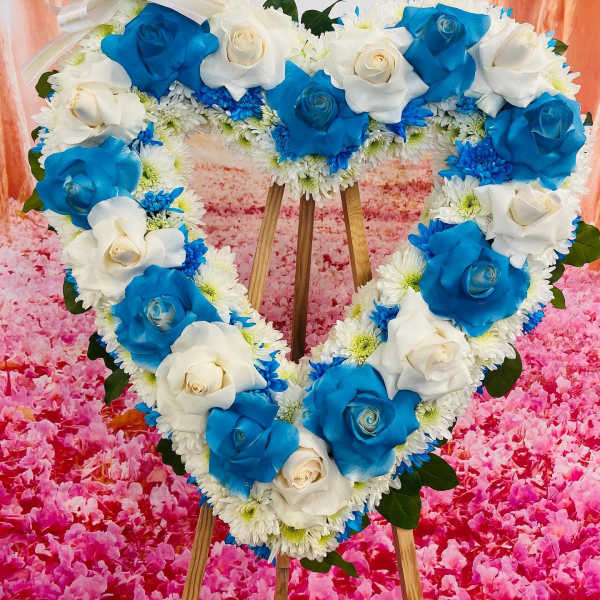 Funeral - Medium Heart With White and Blue Roses