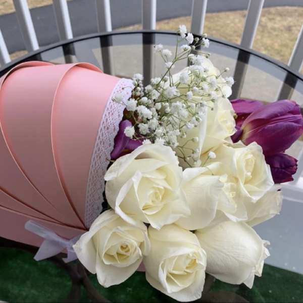 white roses, baby breath, purple Tulip by lav.ishbouquets