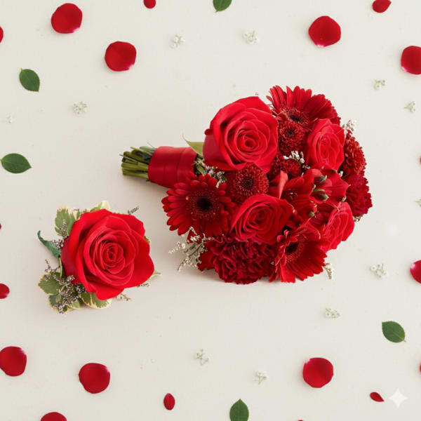 Bouquet & Boutonnière de Bal – Roses Rouges & Bourgogne