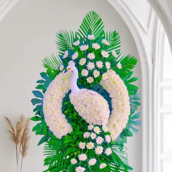 White Swan Standing Sympathy Flowers Arrangement