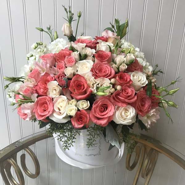 Rosie - white and pink roses, spray roses, licentious, hypericum berries, stock, dusty miller leaves and eucalyptus leaves