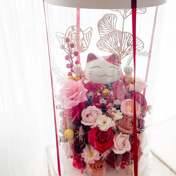 [SOAP FLOWER] Lucky Cat 2.0 Soap Flower arrangement in round clear box - Red