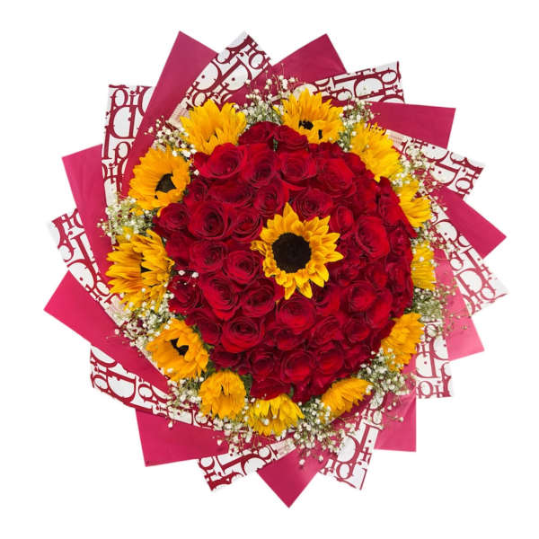 bouquet of 50 red roses and sunflowers