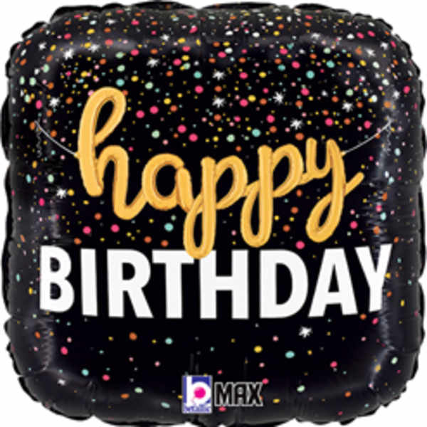 Black Confetti Happy Birthday Mylar