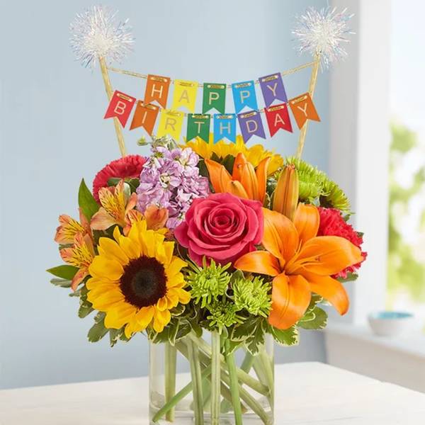 Floral Embrace with Happy Birthday Banner