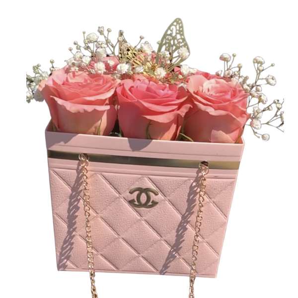 Pink Chanel inspired rose chain bag