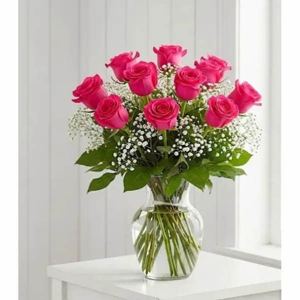 Hot Pink Dozen Roses Premium Long Stems