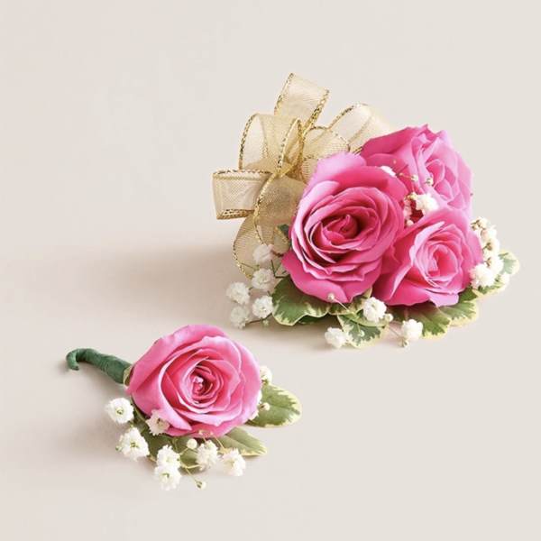 Hot Pink Corsage and Boutonniere Set (Gold Bow)