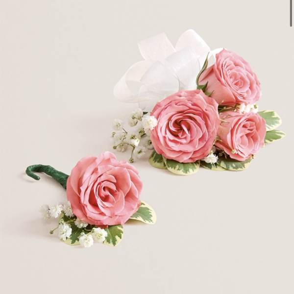 Light Pink Corsage & Boutonniere Set (White Bow)