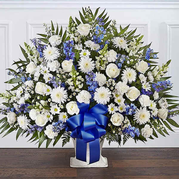 Luxury Heartfelt Tribute Blue & White Floor Basket Arrangement