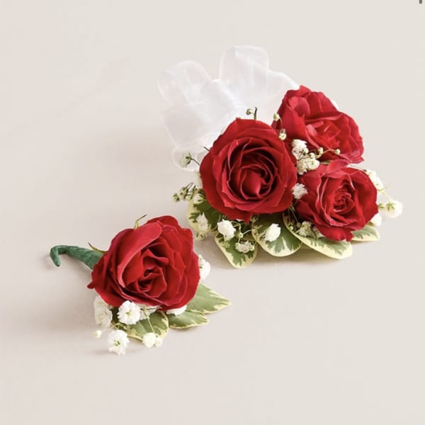 Red Corsage & Boutonniere (White Bow)