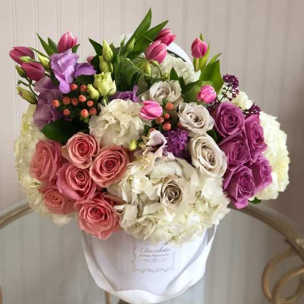 VIctoria - light and dark pink roses, spray roses, myrtle, curly willow, tulips, licentious, greenery, wax flowers, hypericum berries and lu