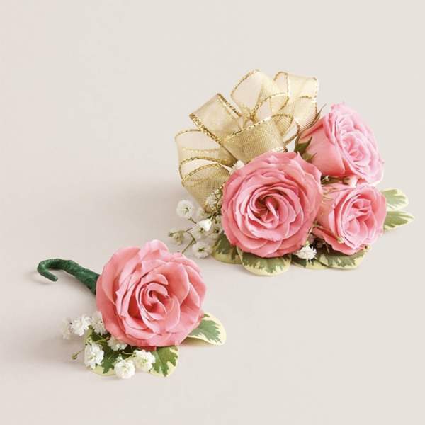 Light Pink Corsage & Boutonniere Set (Gold Bow)