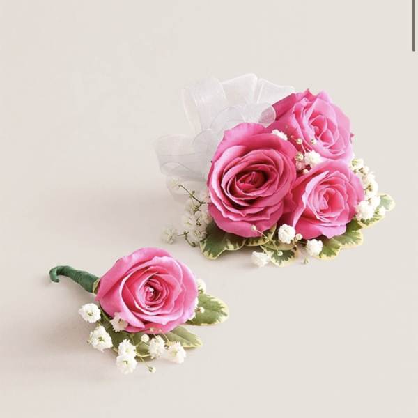 Hot Pink Corsage & Boutonniere Set (White Bow)