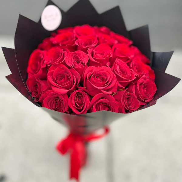 (25) Red Roses Bouquet With Black Wrapping Paper