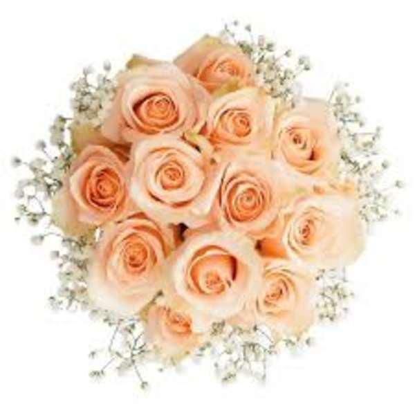 Round bouquet of peach roses accented with small white filler flowers