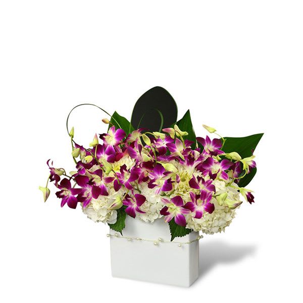 Low arrangement of purple and white orchids with white hydrangeas in a white square vase
