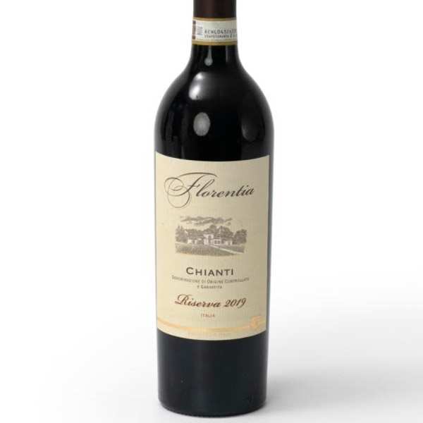 Bottle of Florentia Chianti Riserva 2019 red wine with cream label on a white background