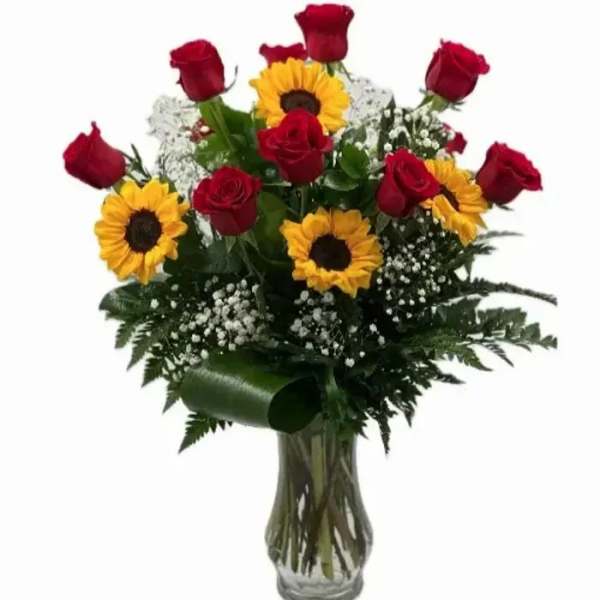 Classic Dozen Roses and Sunflowers