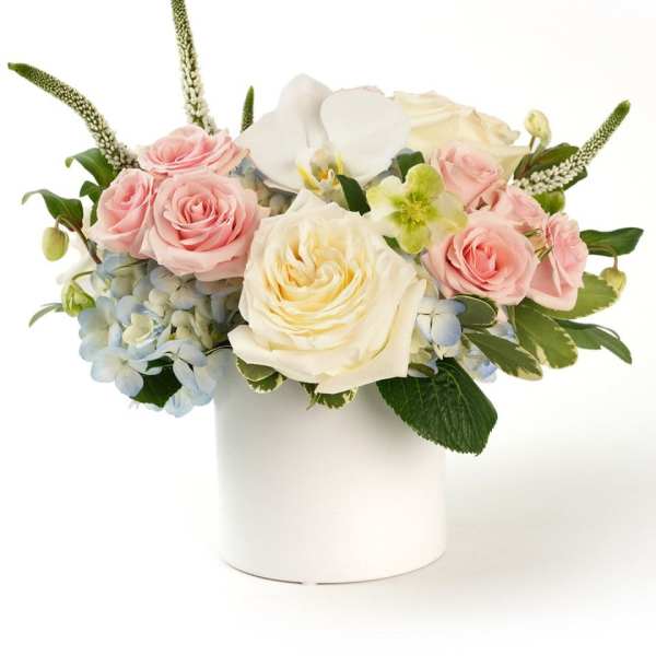 Low arrangement of pastel roses, hydrangeas, and an orchid in a white cylinder vase