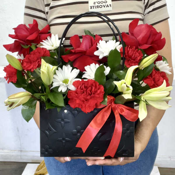 Basket With Red Roses, Lillies, And Daisies
