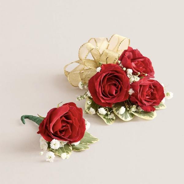 Red Corsage & Boutonniere (Gold Bow)