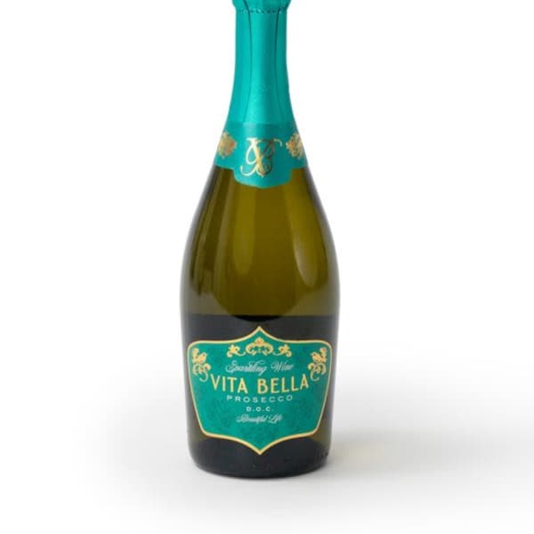 Bottle of Vita Bella Prosecco sparkling wine with teal foil and label on white background