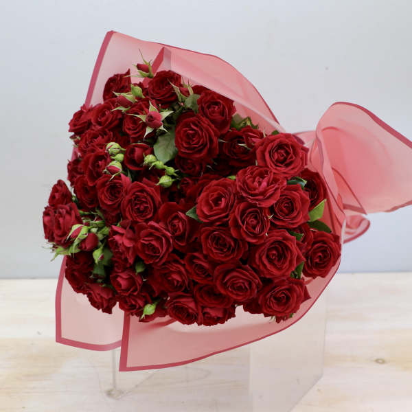 Large bouquet of red roses wrapped in pink translucent paper with a bow.